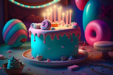 Premium Photo Birthday Cake With Lit Candles On Table Generative Ai