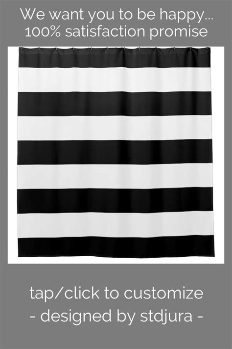 A Black And White Striped Shower Curtain With The Words