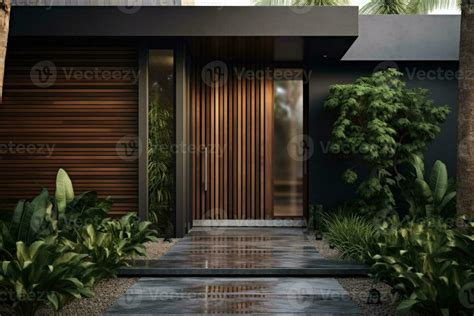 Contemporary Exterior Of Home With Dark Ceramic Tiles As Siding Of House And Tall Front Door