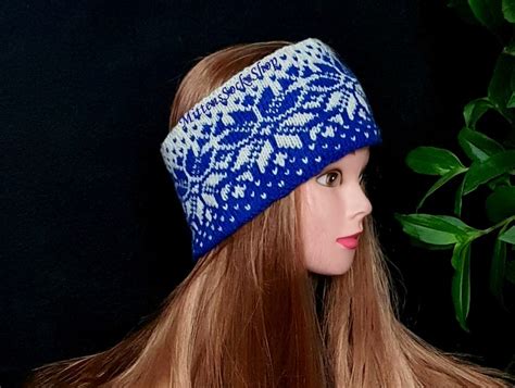 Blue White Headband Knit Ear Warmer Fair Isle Headband Hand Knit