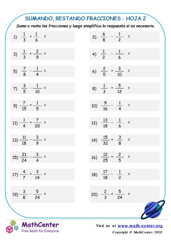 Sumando Restando Fracciones Hoja 2 Hojas De Trabajo Math Center