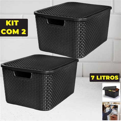 Kit Cesto Caixa Organizadora Rattan Tampa Litros Preto