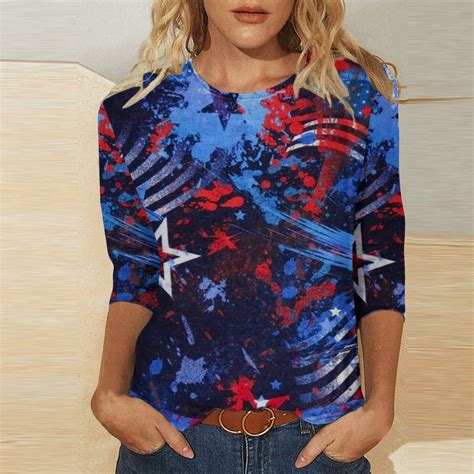 Womens Red White And Blue Shirts Womens Fashion 34 Sleeve Retro