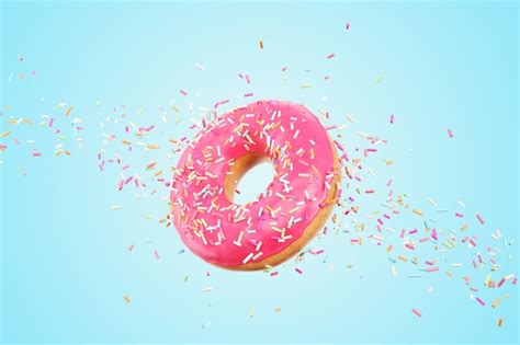 Premium Photo Flying Pink Donut With Frosted Sprinkled