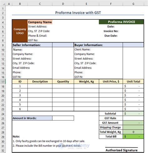 Proforma Invoice Format In Excel With Gst Free Template