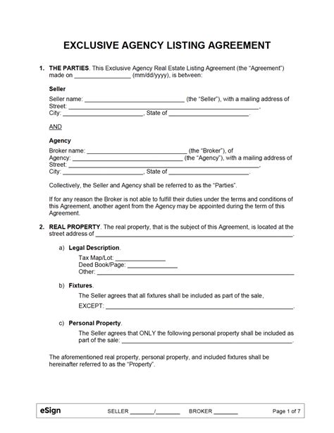 Free Exclusive Agency Listing Agreement PDF Word