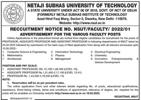 Nsut Recruitment Apply Online Faculty Teaching Vacancies