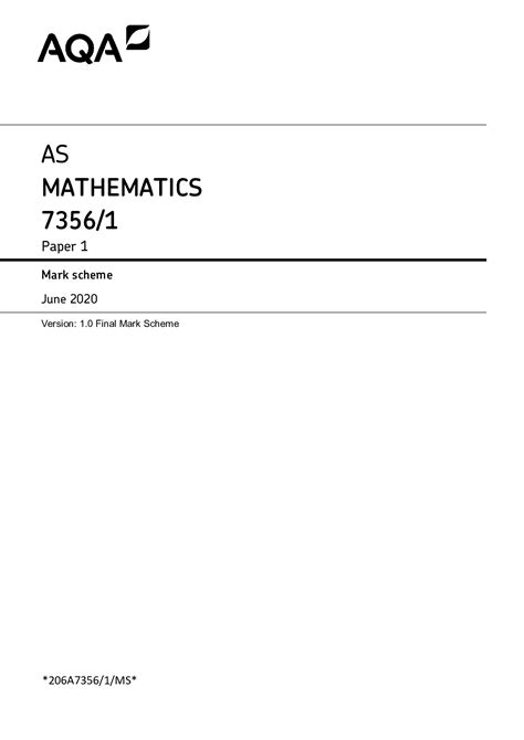 Official Aqa As Mathematics Paper Mark Scheme June