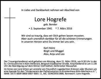 Traueranzeigen Von Lore Hogrefe Wirtrauern