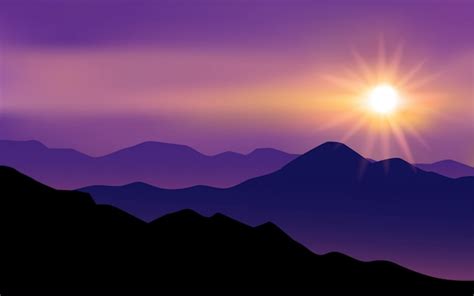 Premium Vector Mountain Sunset Landscape With Glowing Sun