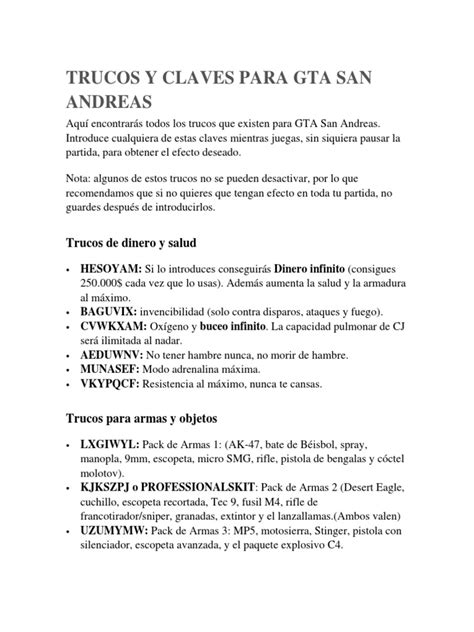 Trucos Y Claves Para Gta San Andreas Pdf Conflicto Armado Ocio