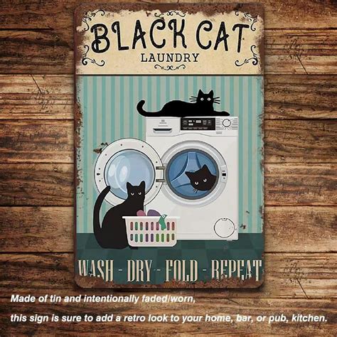 Funny Black Cat Retro Metal Tin Sign Black Cat Laundry Wash Dry Fold