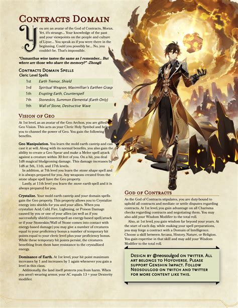 Neosoulgods Genshin Impact Subclasses Zhongli Cleric Contracts