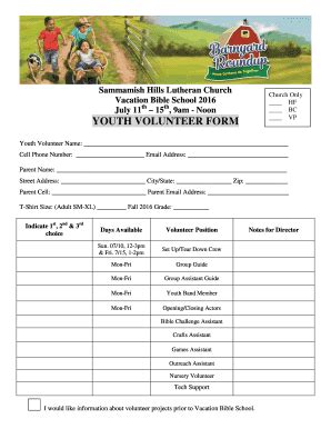 Fillable Online Shlc Youth Volunteer Form Sammamish Hills Lutheran