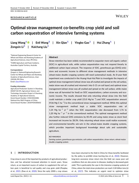 Pdf Optimal Straw Management Cobenefit Crop Yield And Soil Carbon