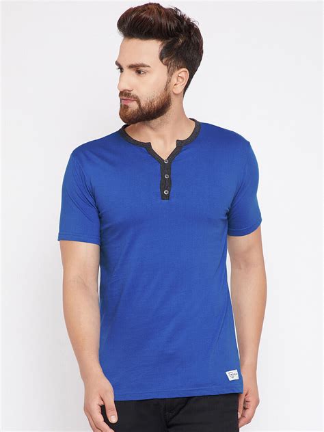 Henley Neck Half Sleeve Cotton T Shirt Ocean Blue Ebay