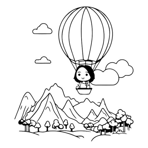 Premium Vector Cute Cartoon Girl With Hot Air Balloon In The Mountains