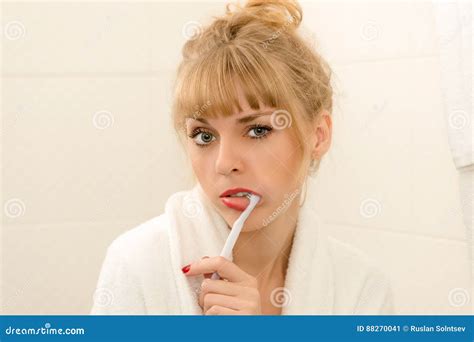 Seductive Blonde Woman Teeth Cleaning Stock Image Image Of Hand Cleaning