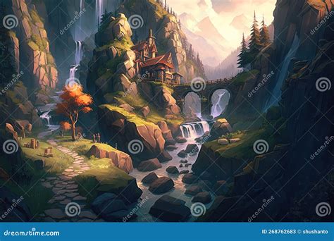 Fantasy Dwarven Village In The Mountains Next To A Ravine With A