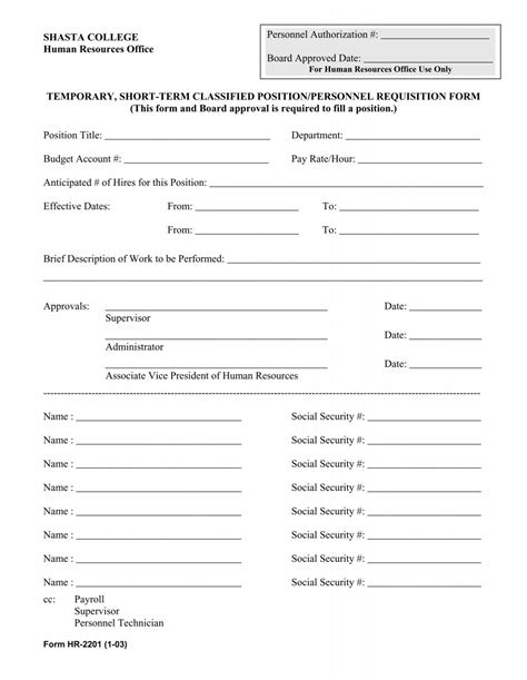 Temporary Short Term Personnel Requisition Form Shasta College