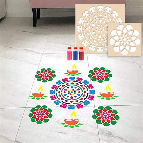 Flower with Border Rangoli Stencils with Six Rangoli Colors - Incredible Gifts