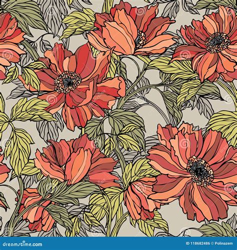 Seamless Pattern With Poppy Peonies Or Roses Flowers Stock