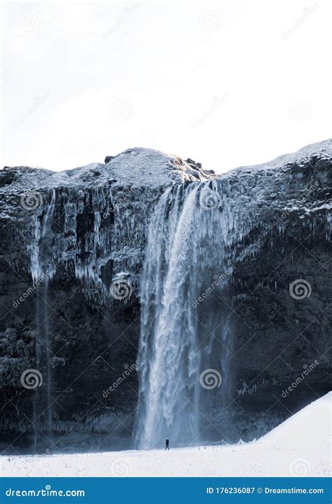 View Of Seljalandfoss Waterfall In Winter Stock Image Image Of Blue