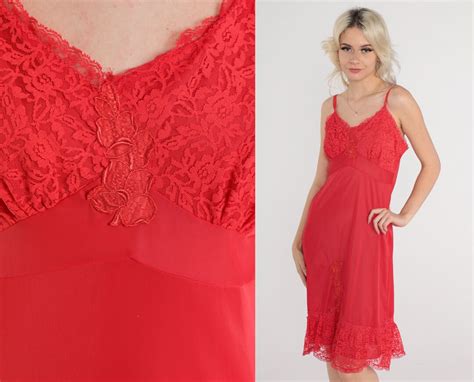 Red Slip Dress S Lingerie Nightgown Lace Midi Floral S Vintage Floral Applique Nylon Boho