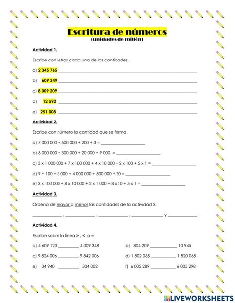 A Spanish Worksheet With Numbers And Symbols In Yellow Black And White Colors