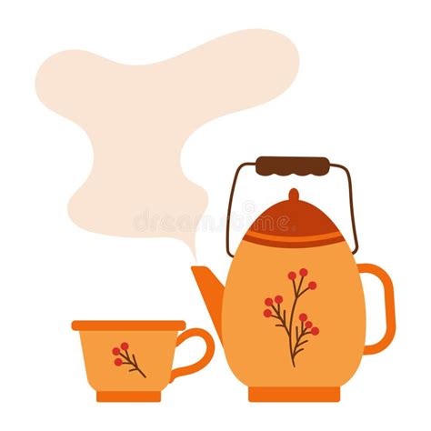 Cute Teapot With Hot Steam Cup And Herbs Rustic Teapot With Autumn Herbal Drink Cup Stock