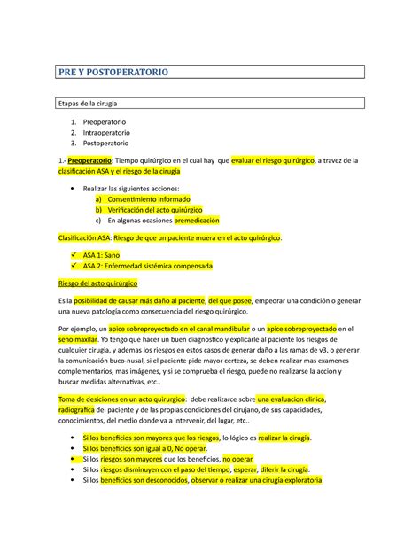 Pre Y Post Operatorio Pre Y Postoperatorio Etapas De La Cirug A