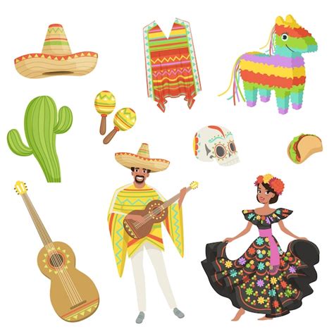 Conjunto de símbolos culturais México Sombrero cacto poncho maracas