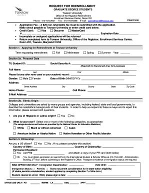 Fillable Online Towson Reenrollment Form Graduates Pdf Towson