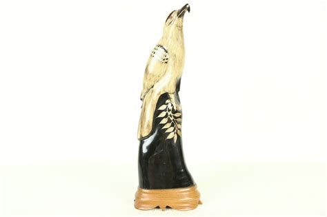 Bird Sculpture Hand Carved Buffalo Horn Thailand Folk Art 14 12 Tall