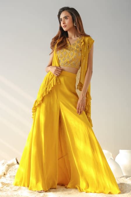 Buy Yellow Silk Hand Embroidered Cut Dana And Sequin Work Cape Pant