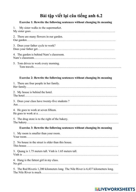 Rewrite The Sentences Activity For 6 Live Worksheets