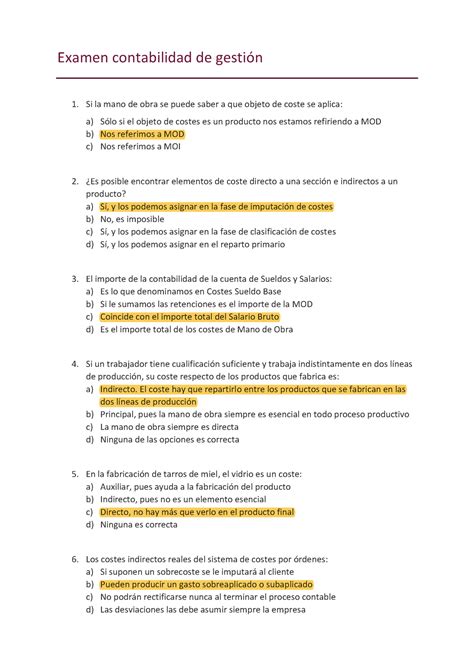 Examen tipo test contabilidad de gestión Examen contabilidad de