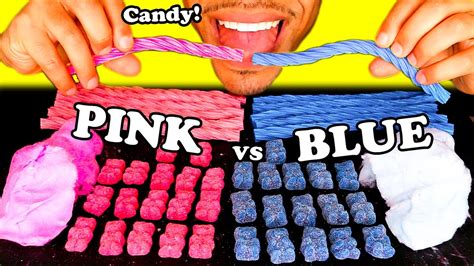 Asmr Pink Vs Blue Food Candy Mukbang Challenge Twizzlers Gummy Bears Cotton Candy Youtube