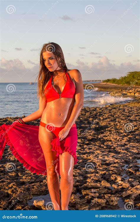 Vertical Shot Of A Beautiful Woman Wearing A Pink Bikini At The Beach