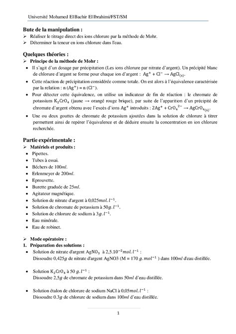 Compte rendu TP Titrage des ions chlorure par la méthode de MOHR Bute