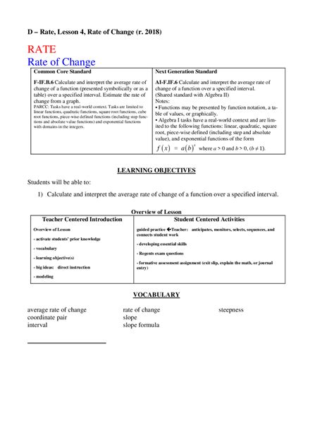 RATE Rate Of Change Lecture Notes Algebra Docsity