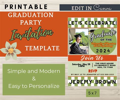 Printable Graduation Party Invitation With Photo Green And Orange Modern Invite Custom Editable