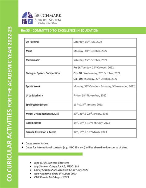 ACTIVITY CALENDAR – Benchmark School System