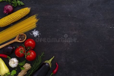 Ingredients For Cooking Italian Pasta Spaghetti Tomatoes Basil And