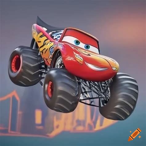 Monster Truck Lightning Mcqueen Driving Over Jackson Storm And Chick