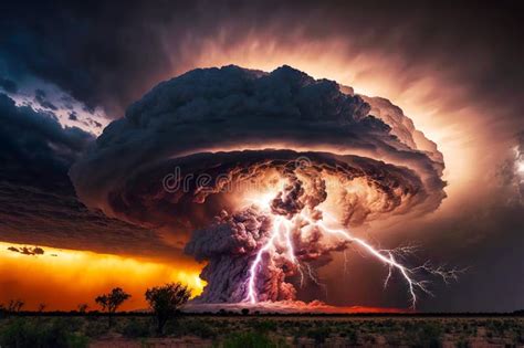 Thunderstorm Supercell With Giant Lightning Natural Disaster Made