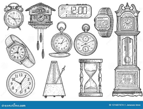 Clock Collection Illustration Drawing Engraving Ink Line Art