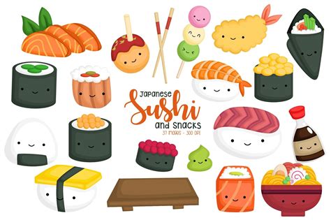 Cute Japan Sushi and Snacks Clipart Gráfico por Inkley Studio · Creative Fabrica