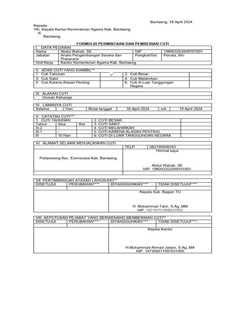 Contoh Format Cuti Baru Pdf
