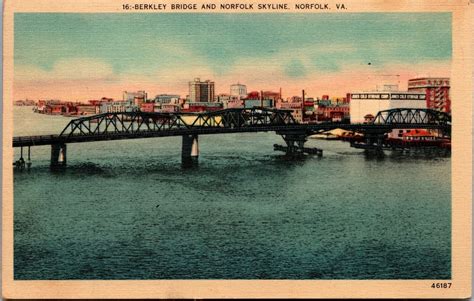 Vtg Norfolk Virginia Va Berkley Bridge And Norfolk Skyline 1940s Linen